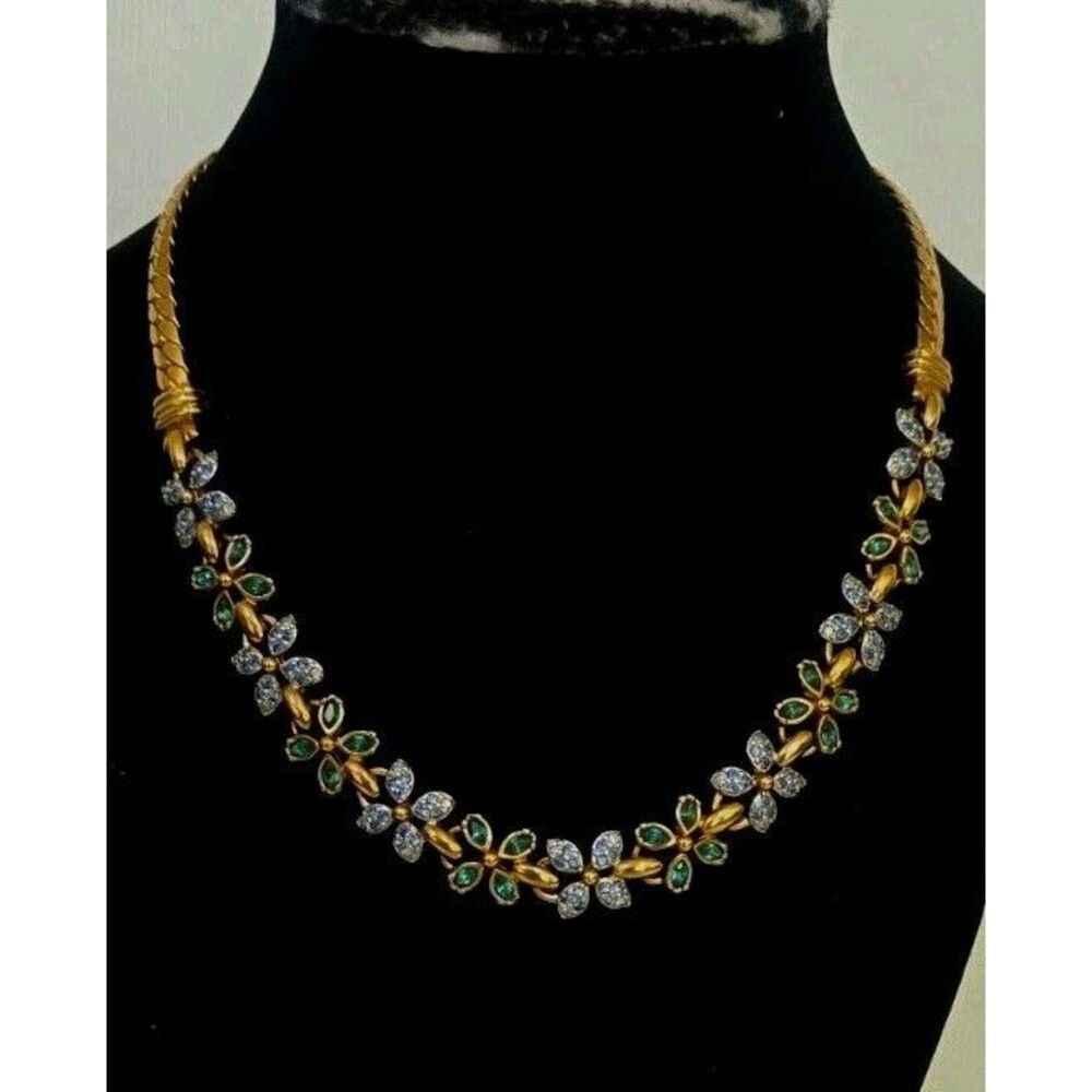 Swarovski Signed Blue Teal Crystal Quatrefoil Flower Gold Plated Necklace Estate - Picture 5 of 15